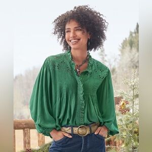 Sundance Cascading Falls Green Lace Detail Blouse | S